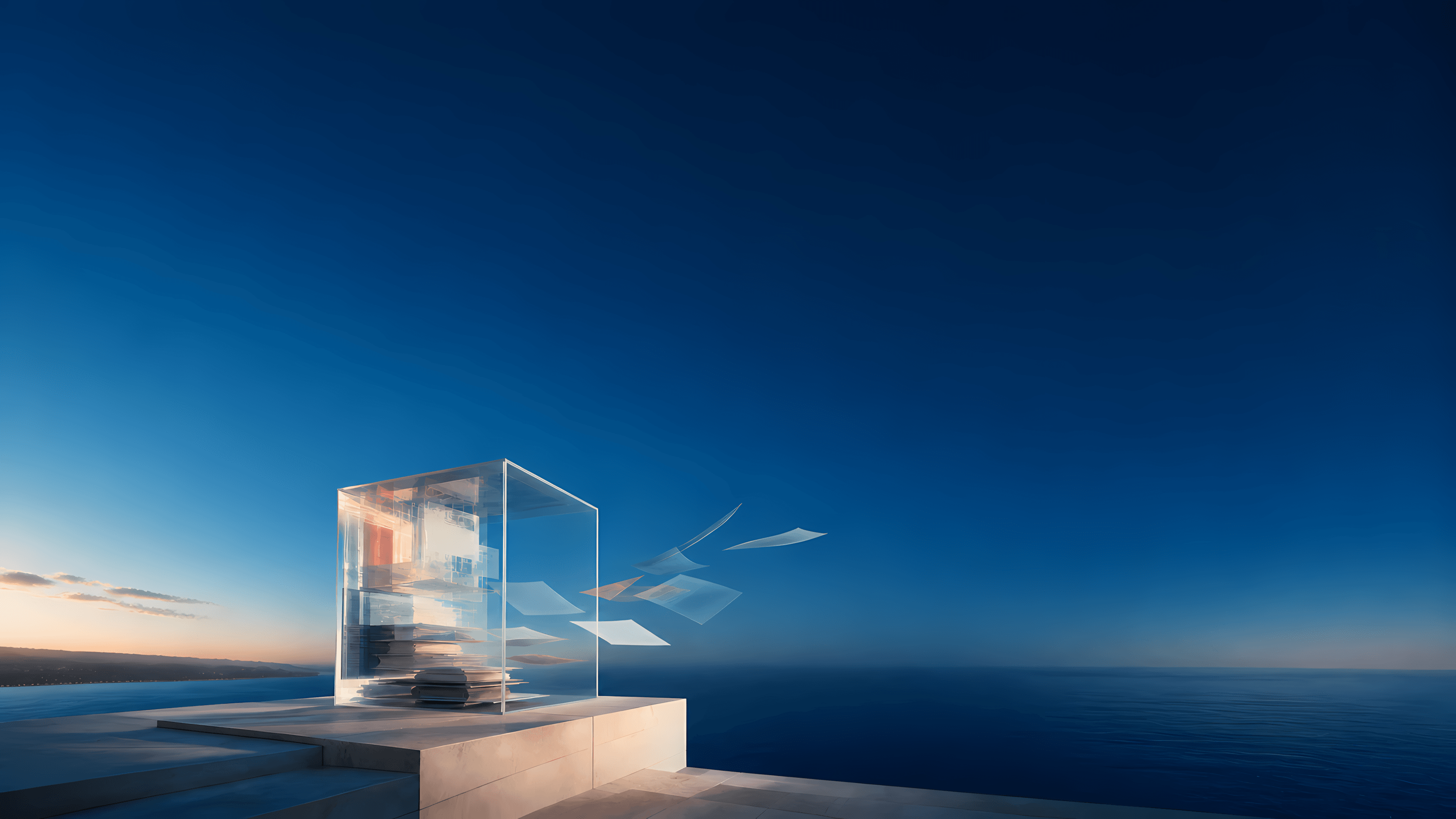 A glass case holding a stack of documents on a stone pedestal, papers drifting free against a dusk sky over the ocean.
