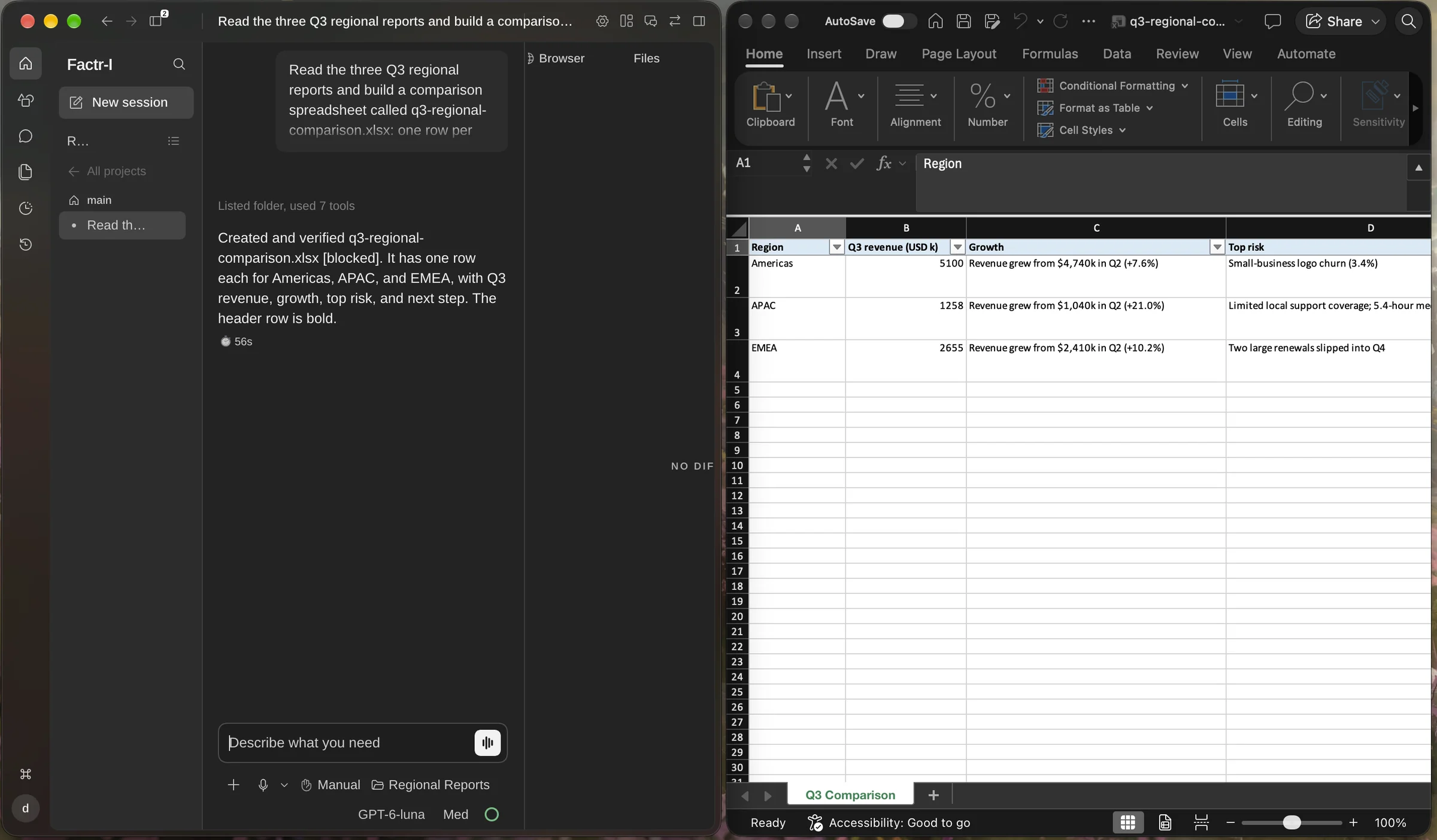 The task to build a comparison spreadsheet and Factr-I's response confirming that it created and verified the file.