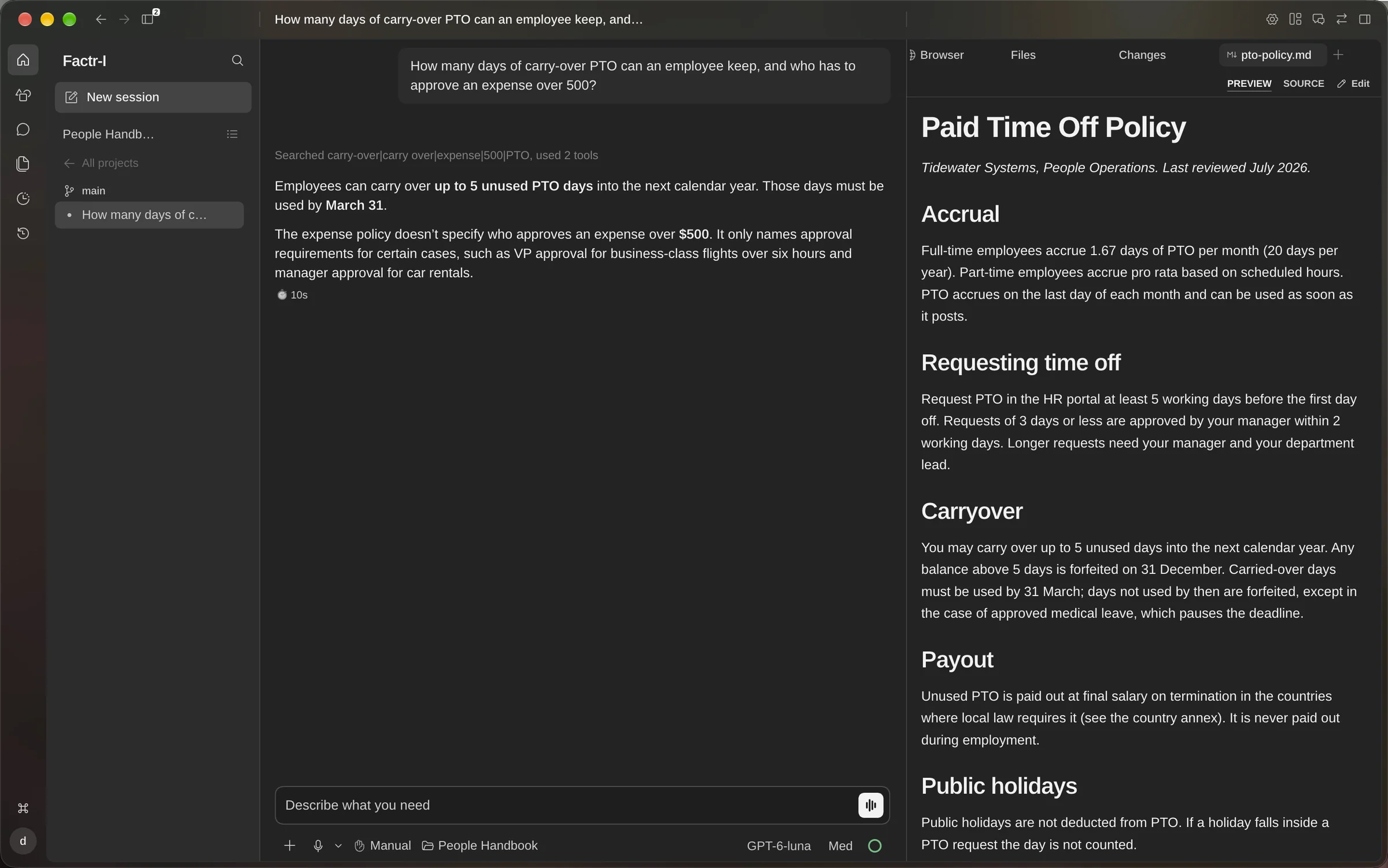 Factr-I's response to a question about carry-over PTO, shown in full under the window title.